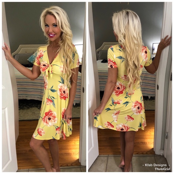 🛍LAST 1! Yellow Floral Front Knot Dress! - Picture 6 of 8